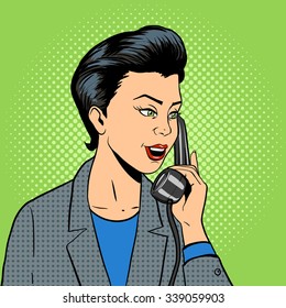 Business woman with phone comic book pop art retro style vector illustration