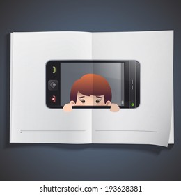 Business woman with phone printed on book. Vector design.