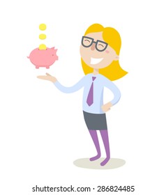 Business woman with a piggy bank. Flat design. Vector illustration. Isolated on white background.