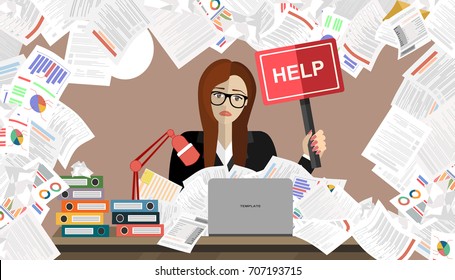 Business woman with pile of paper, business concept. Flat vector illustration.