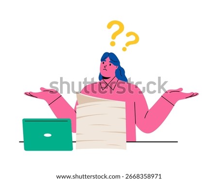 Business woman piled up with work. Problem, Job, Document. Flat vector illustration isolated on white background
