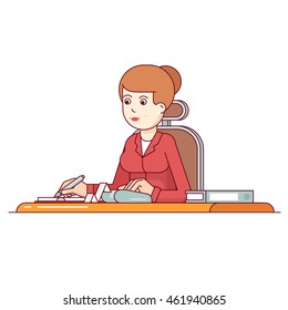 Business woman planning, calculating and scheduling her expenses or taxes writing in a notepad. Flat style thin line vector illustration isolated on white background.