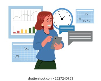 Business woman planning day schedule on calendar app. Person sending messages, checking, adding events, meeting reminders on tablet planning app Flat vector illustration.