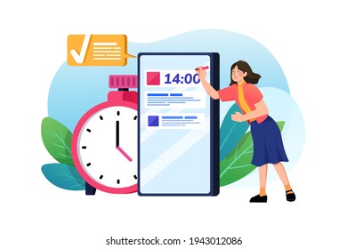 Business woman planning events, deadlines and agenda. Flat illustration isolated on white background.