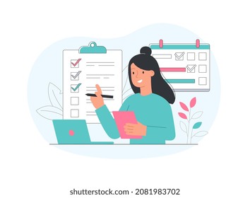 Business woman planning. Girl with paper in her hands. Entrepreneur developing project. Goal setting, ambition, motivation. Analysis of information and statistics. Cartoon flat vector illustration