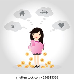 Business woman planning to save money for good future, money, home, car, and love