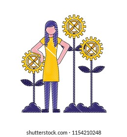 business woman plant growth gear work drawing