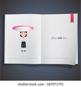 Business woman with plate printed on book. Vector design 