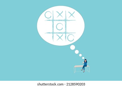business woman play Tic Tac Toe Game, illustration vector of business strategy Decisions and competition concept. Business direction development, creative Ideas, competition. creativity, new idea.