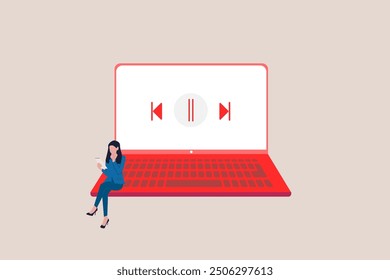 Business woman playing video media player on laptop screen