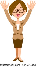 Business woman pleasing with raising both hands