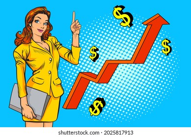 Business woman pointing arrow graph corporate  pop art comics style.