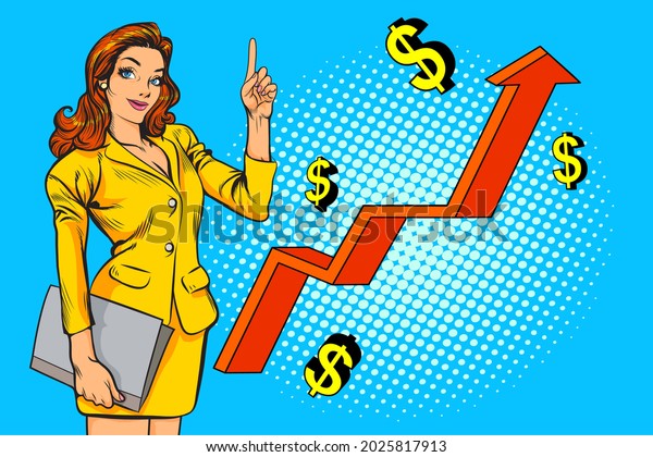 Business woman pointing arrow graph corporate  pop\
art comics style.