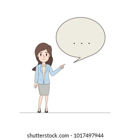 business woman pointing character with a bubble speech. doodle people character design.