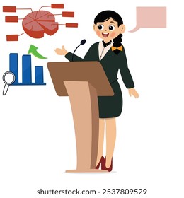 business woman pointing at a chart board. Business woman in suit making presentation explaining charts Business seminar. Flat style vector illustration.