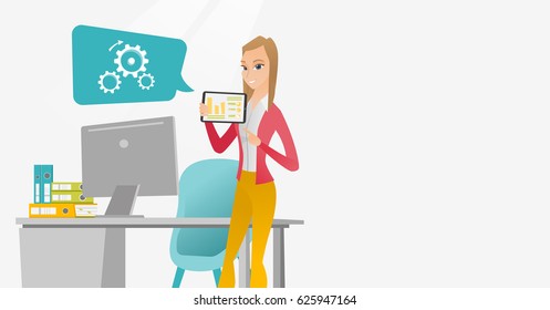 Business woman pointing at charts on tablet during presentation. Woman giving business presentation on digital tablet. Business technologies concept. Vector flat design illustration. Horizontal layout