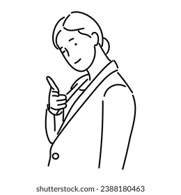 Business woman with pointing finger gesture. Vector illustration in thin line style.
