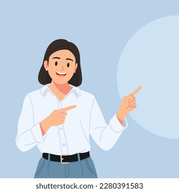 Business woman pointing finger at something. Happy face. Flat vector, illustrations.