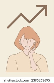Business woman pointing finger up, showing growing up arrow. Hand drawn flat cartoon character vector illustration.