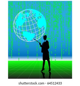 Business woman pointing at globe.Vector
