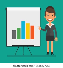 Business woman pointing her finger at negative graph. Flat people. Vector Illustration