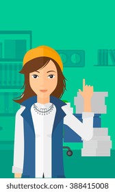 Business woman pointing up with her forefinger.