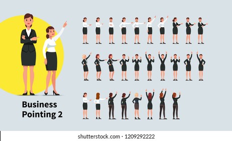 Business woman pointing index finger in different directions set. Front and back views of gesturing person. Businesswoman standing, pointing aside, up with one and both hands. Flat vector illustration