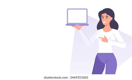 Business woman pointing to laptop blank screen banner design template vector flat illustration. Cartoon female character presenting computer social media marketing online shopping training education