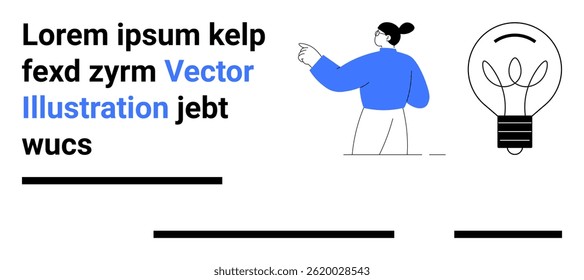 Business woman pointing at a light bulb, symbolizing creativity and innovation. Ideal for business presentations, startup pitches, educational materials, blogs, social media posts, marketing