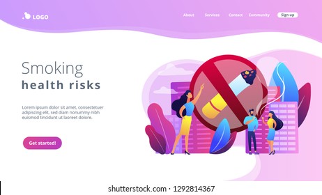 Business woman pointing at no smoking sign and people with cigarettes. Smoking cigarettes, nicotine addiction, smoking health risks concept. Website vibrant violet landing web page template.