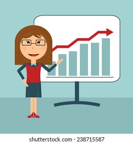 Business woman pointing to rising business trends Vector Illustration