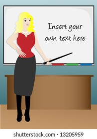 Business woman with pointing stick directed at whiteboard