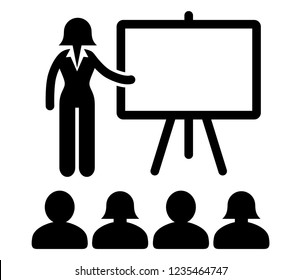 Business woman pointing towards blank blackboard with audience / black vector icon