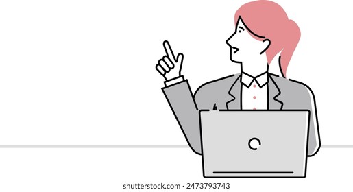 Business woman pointing upward with laptop