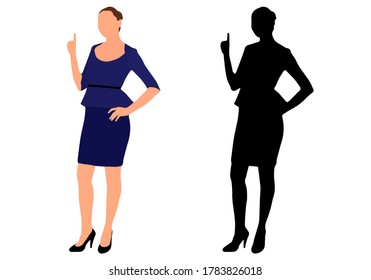 Business woman points finger at something, and black silhouette. Vector illustration