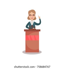 Business woman or politician character speaking to audience from tribune, public speaker, political debates, side view vector Illustration