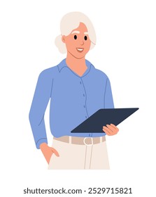 Business woman portrait. Business consultant standing with tablet in hands. Flat vector illustration