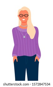 Business woman portrait, isolated blonde lady in glasses. Vector pretty female in purple sweater and trousers, cartoon style girl full length, smart manager