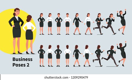 Business woman poses and actions set. Front & back views collection of office business person. Businesswoman standing, walking, running, jumping celebrating success, sitting. Flat vector illustration