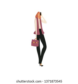 Business woman with potfelem in his hand talking on cell phone. Vector illustration.