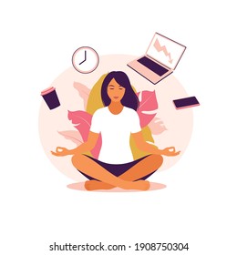 Business woman practicing meditation and yoga with office icons on the background. Time management concept. Vector illustration. Flat.