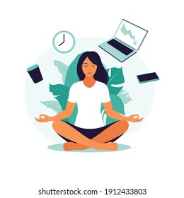 Business woman practicing meditation and yoga with office icons on the background. Time management concept. Vector illustration. Flat.