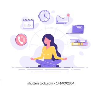 Business woman practicing mindfulness meditation with office icons on the background. Multitasking and time management concept. Vector illustration.