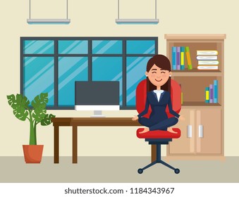 business woman practicing yoga in office chair