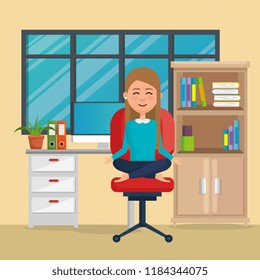 business woman practicing yoga in office chair