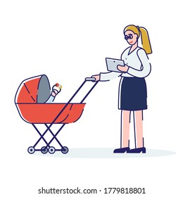 Business woman with pram. Young mother businesswoman working on tablet with toddler child in stroller. Motherhood, parenting and career concept. Cartoon linear vector illustration