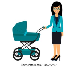 Business woman with a pram. Young mother walking with baby. Vector illustration