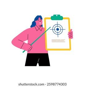 Business woman present goals work. Goals and objectives concept. Flat vector illustration isolated on white background