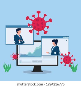 Business woman present the infographic on teleconference in pandemic metaphor of online working.