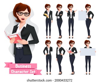 Business woman presentation character vector set. Businesswoman characters in presenting pose and gestures holding whiteboard element for employee presenter collection design. Vector illustration